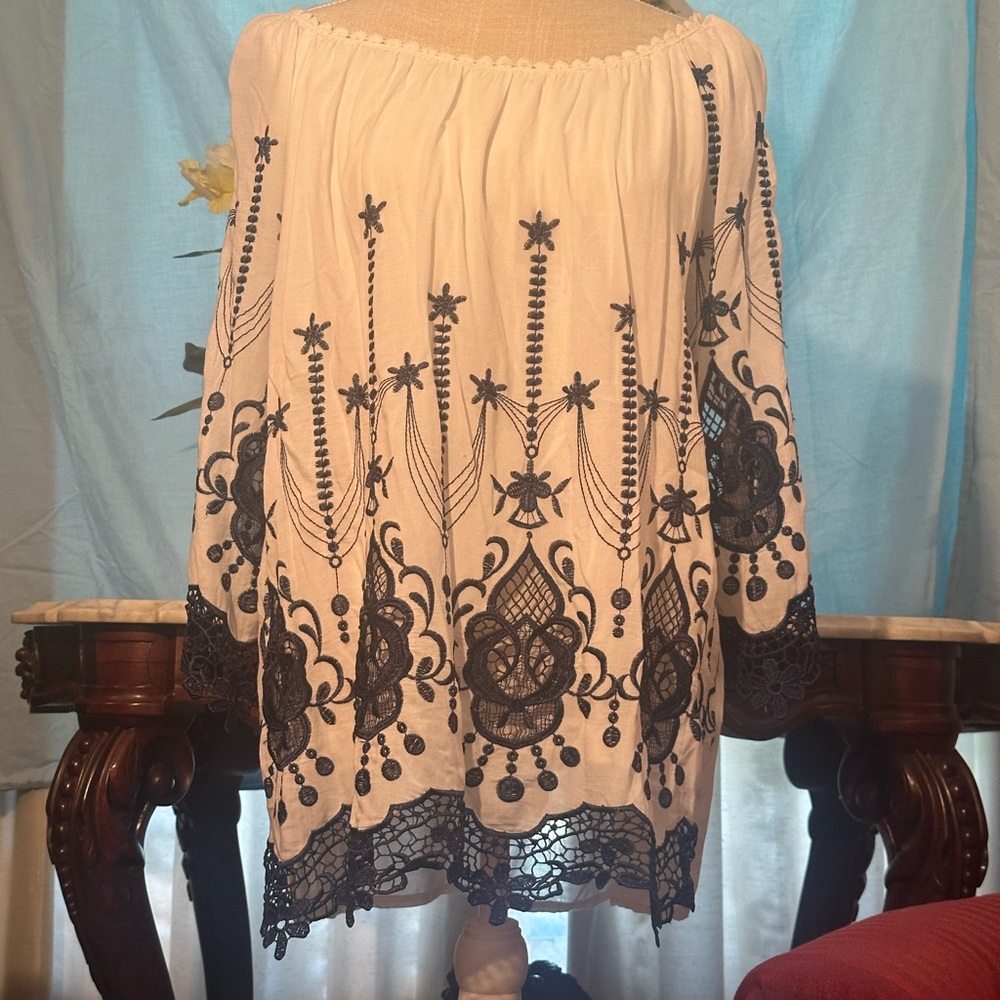 Embroidered Off-Shoulder Top - White and Navy